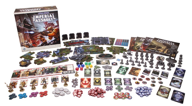 Star wars Imperial Assault components, including minis, rulebook, cards and board game box