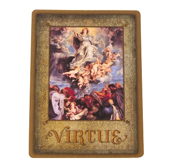 Close-up of Virture card with classical angel artwork