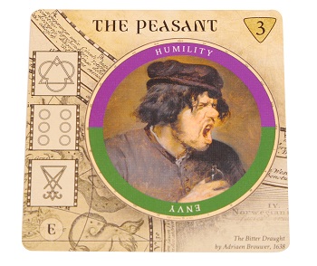 Square card with The Peasent statistics and artwork