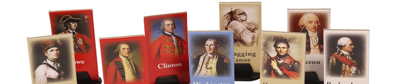 nine game cards in a row, bearing the images of American colonialists, Presidents, and Native American figures