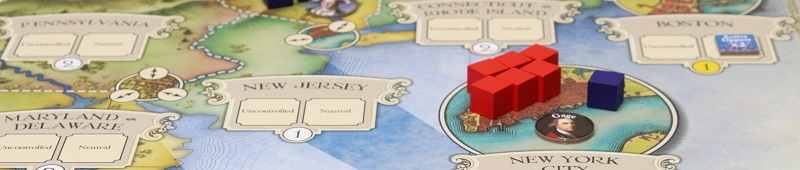 another closeup image of the game board in play, where marking on the board depicting various US settlements can be seen
