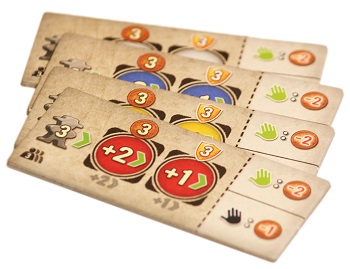 closeup of four tan-colored game cards