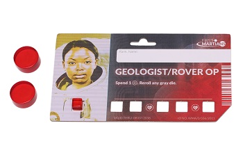 player/character board depicting an African American woman with the title 'Geologist/Rover op', sitting next to two red tokens