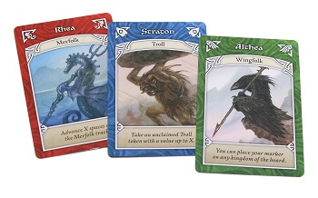 A spread of cards of the various races in Ethnos.