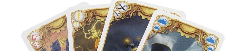 closeup of four game cards top right corner featuring icons from the game