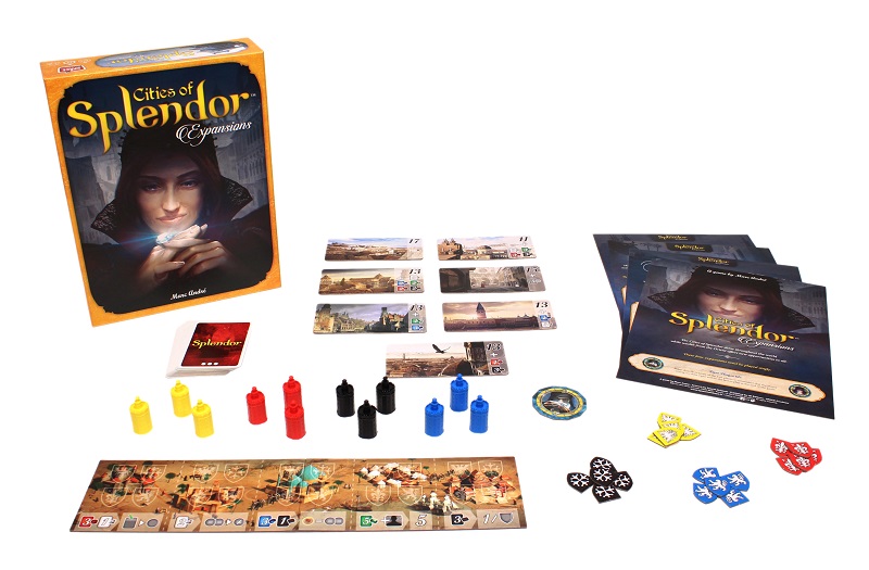 Cities of Splendor game components laid out, including board game box, board game pieces, rulebook, tokens, player cards, and game board