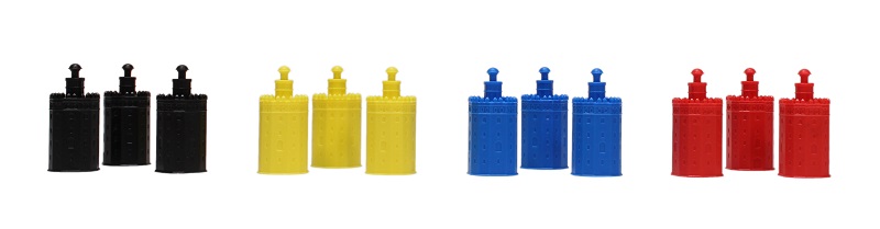 closeup of the game's four different type of game pieces, in the colors of yellow, red, blue, and black