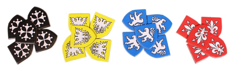 four piles of game tokens, in colors of red, blue, white, and yellow, depicting medieval heraldry symbols such as crosses, lions, fleur-de-lis, and two-headed eagles