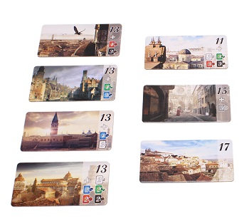seven game cards laid out, depicting settings from the game