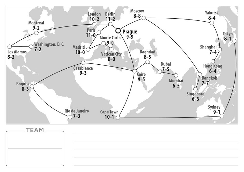 closeup of a game card depicting a black and white map of the world