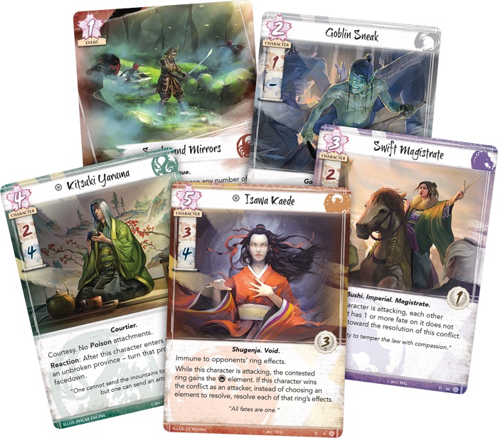 Closeup of five cards from the game, including character cards