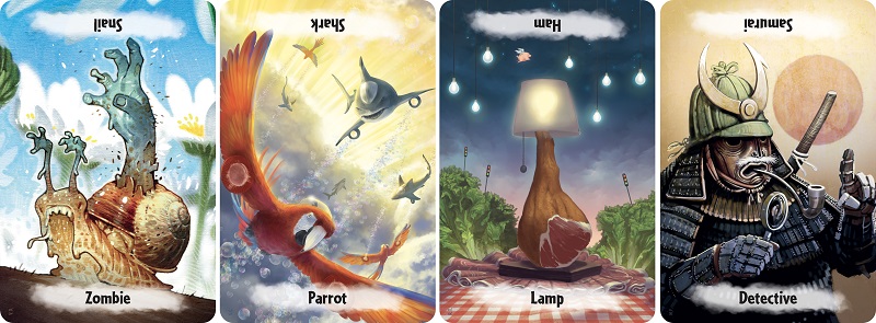 four game cards depicting art from the game, each card has a word that is right side up and one that is upside down