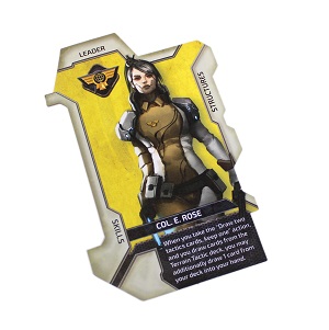 An image of a Leader board from Cry Havoc Aftermath. A cardboard piece with angular cut-outs to accomodate cards and other cardboard pieces.