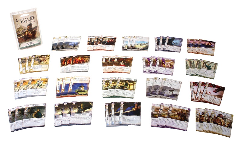 The twenty groups of three cards contained within the game and the For Honor and Glory Dynasty Pack box, all spread out on display