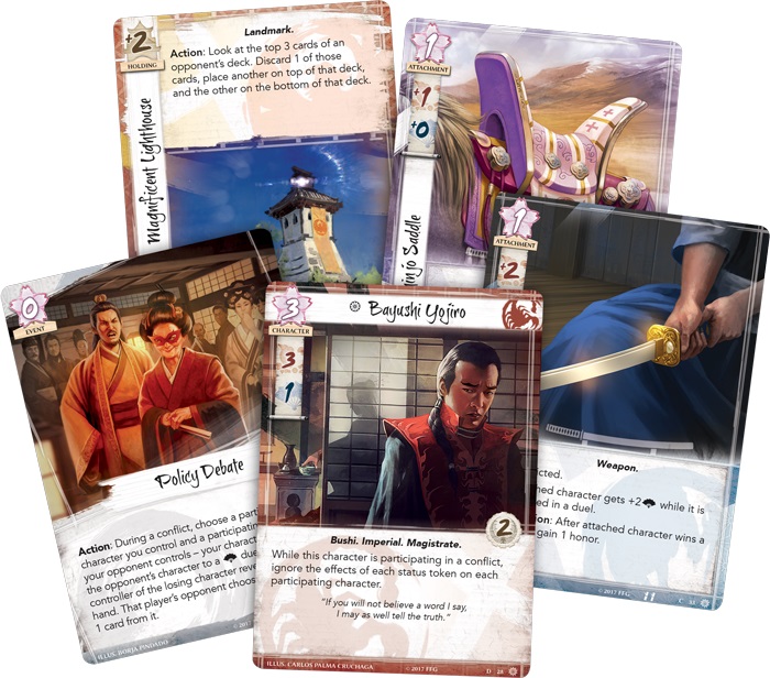 Closeup of five cards from the game, including two character cards, a weapon card, a policy debate card, and a landmark card