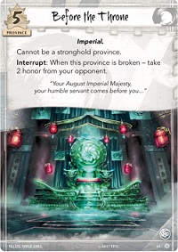 closeup of a game card titled 'Before the Throne' with an illustration of a jade throne