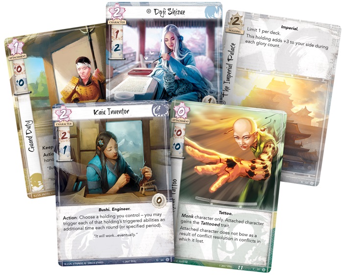 five game cards depicting different characters from the game