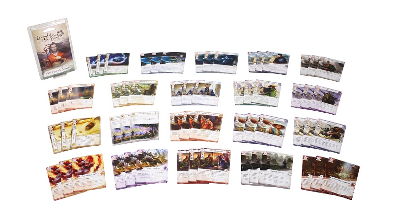 all components of game laid out, including the plastic packaging of game as well as numerous cards in sets of three