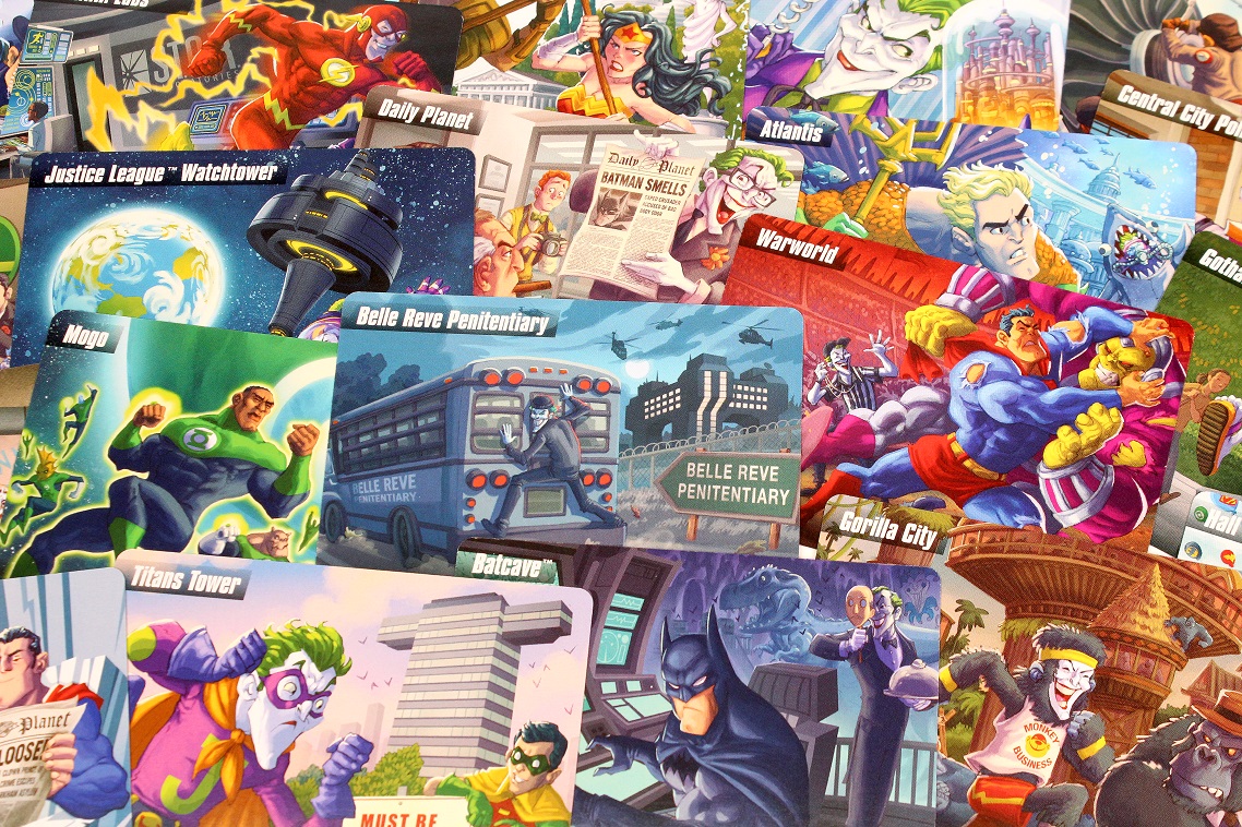 Collage of various location cards with art showing