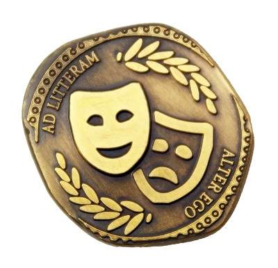closeup of one of the game's tokens, in the style of a gold coin depicting a theatre mask, with the words 'ad litteram' and 'alter ego'