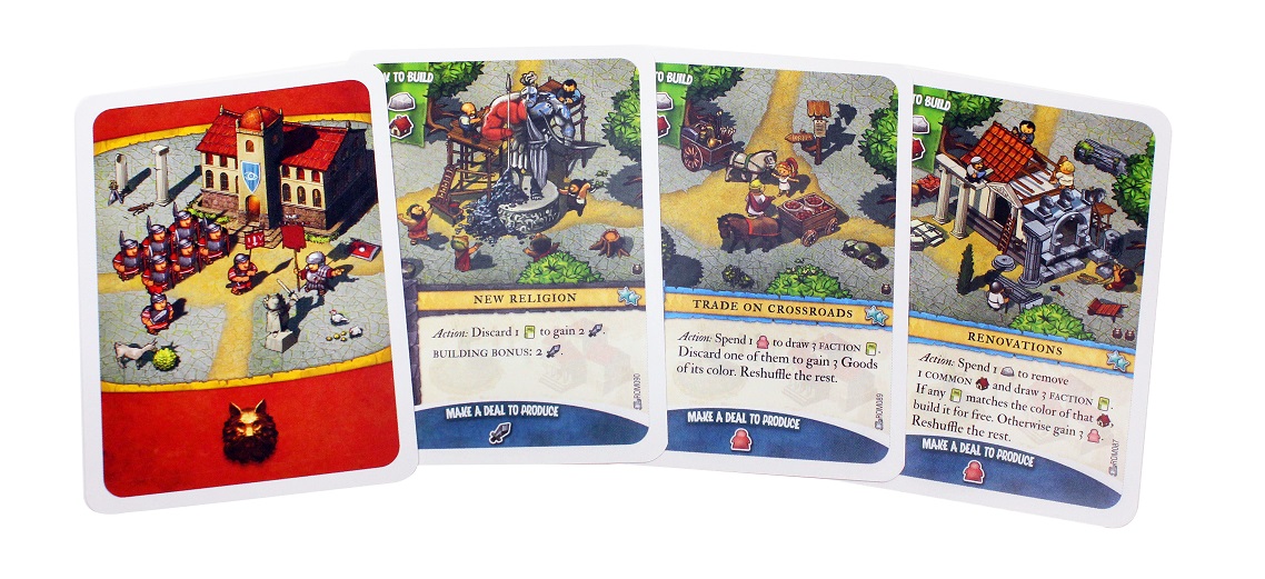five blue 'Pay to Build' cards from game spread out on flat surface