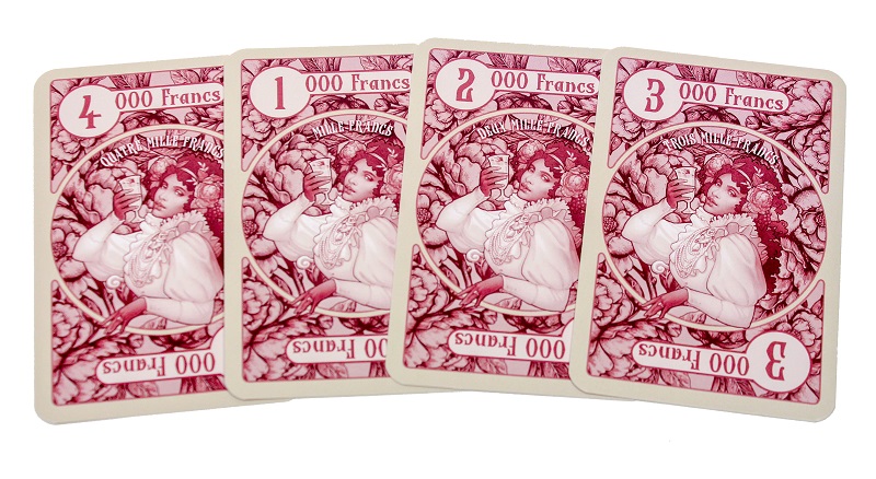 four cards, with their backs showing; cardbacks are depicting an attractive woman, with the art tinted pink in color
