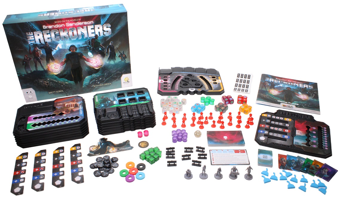 The Reckoners Game Trayz, miniatures, and components on full display