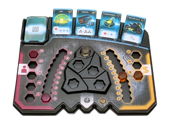 Plastic game tray with trackers and item cards