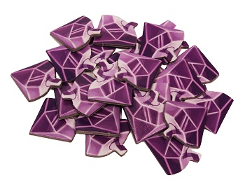 purple gemstone game pieces in a pile