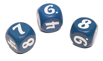 three blue dice, showing the numbers '7', '6', and '8'