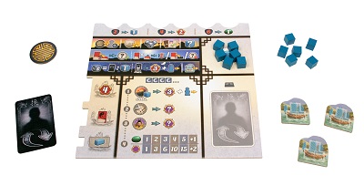 game board with tokens, game board pieces, and game cards to the left and right