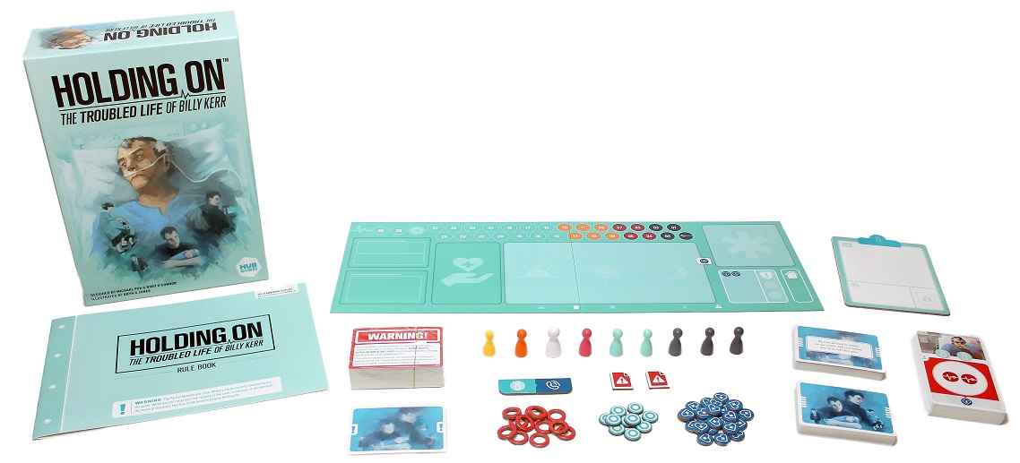 game components spread out on display, including board game box, cards, rulebook, game board pieces, tokens, and clipboard notepad