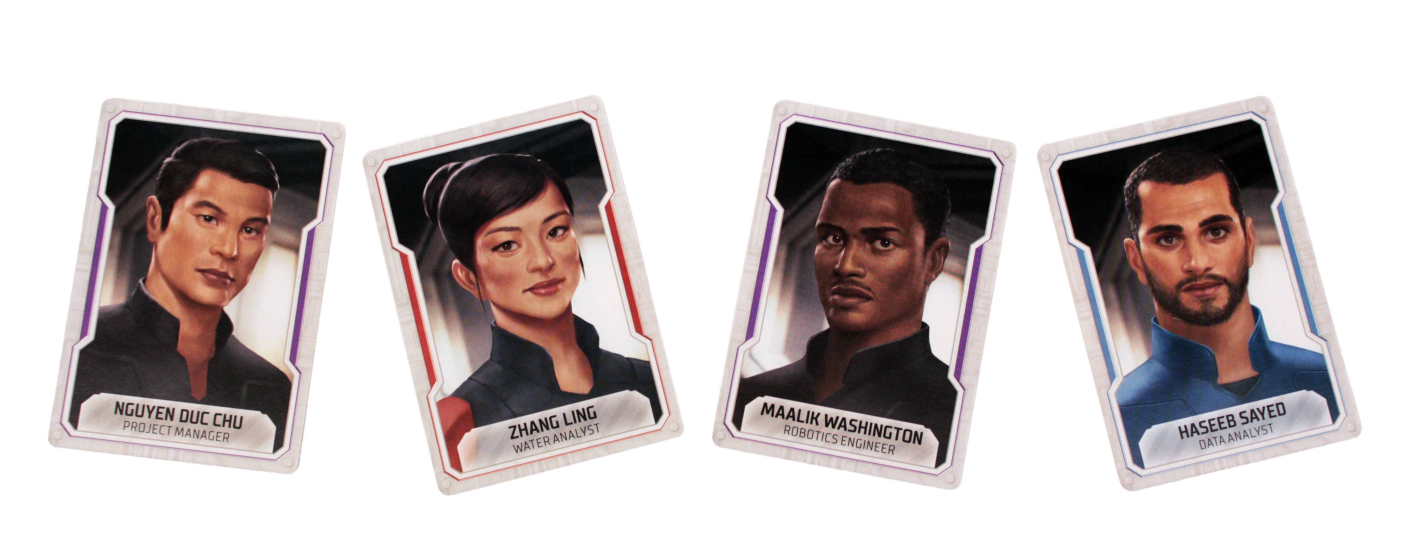four character tokens, bearing the names and illustrations of the game characters 'Nguyen Duc Chu', 'Zhang Ling', 'Maalik Washington', and 'Haseeb Sayed'