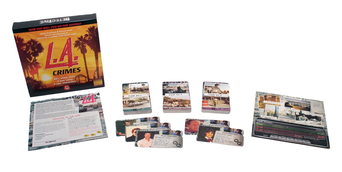 An image of the components for Detective LA Crimes expansion laid out to display the contents of the box.