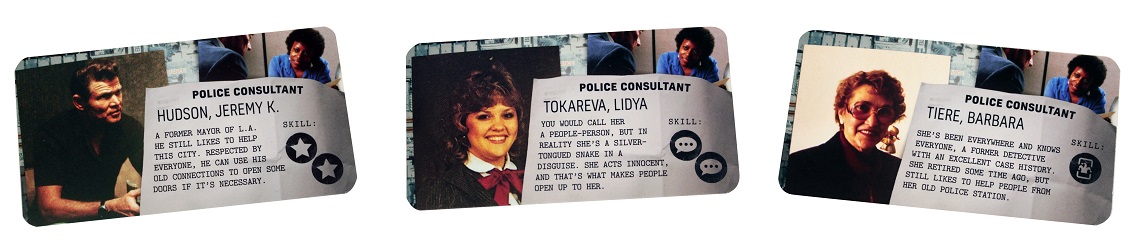 A spread of three of the new character files from the Detective LA Crimes Expansion.