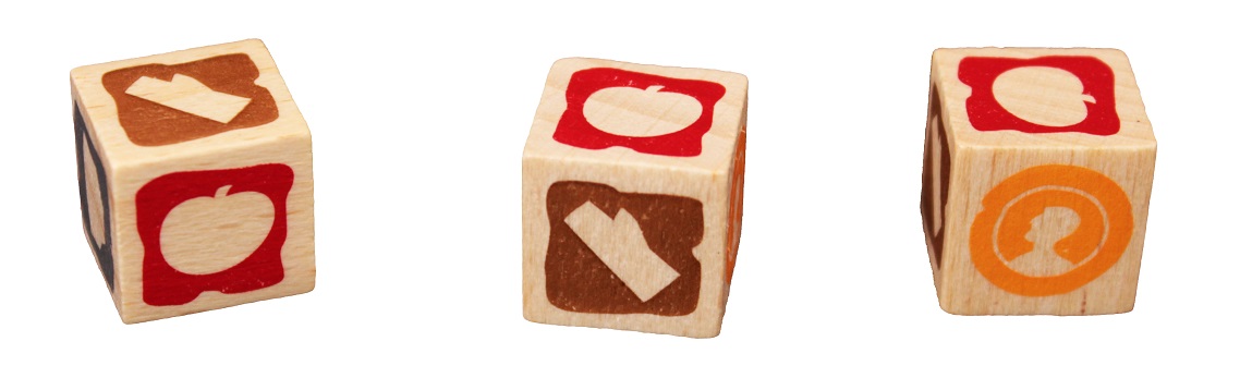 three wooden dice showing silhouettes of a stick, an apple, and a human profile