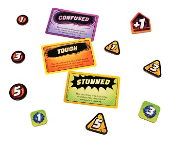 a variety of cardboard tokens featuring numbers and status effects