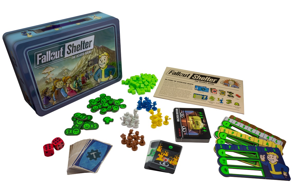 Fallout Shelter game components, including game box, minis, game pieces, game boards, and rulebook