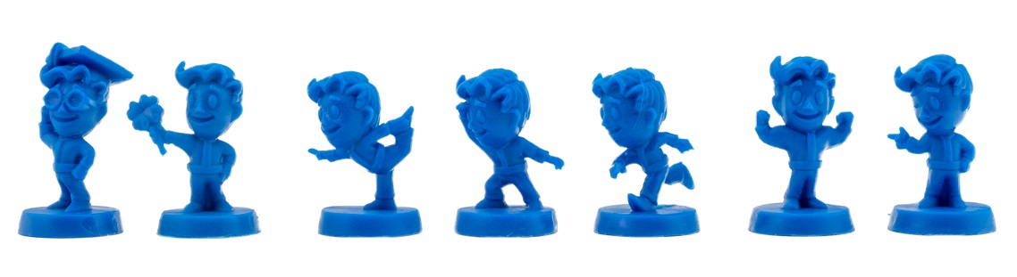 small, blue plastic figures arranged in a horizontal line