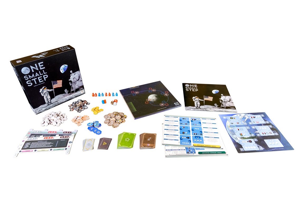 One Small Step components, including game packaging, cards, game pieces, and rulebook