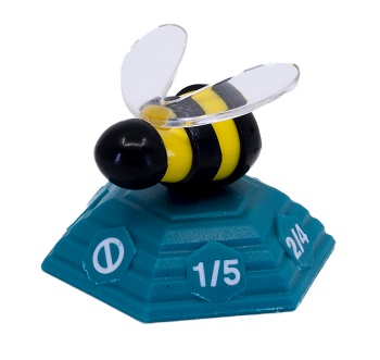 A closeup of a bee figure on its colored base