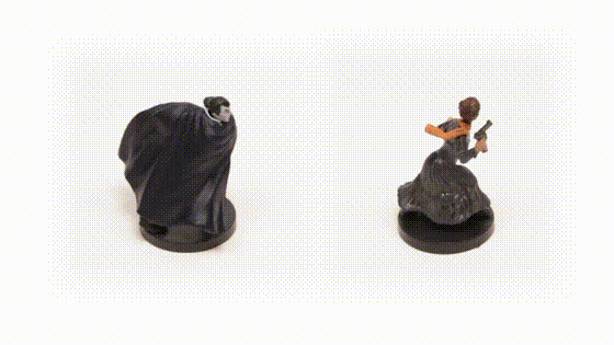 a gif of two rotating game miniatures, one of dracula, and one of a female character holding a gun