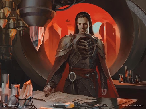 Art of Yawgmoth, a man with long, dark hair standing at a lab bench