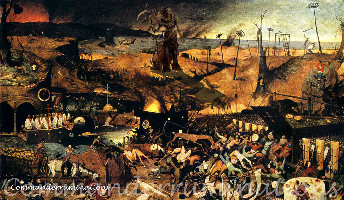 An image of an emaciated figure standing over a landscape of death and destruction