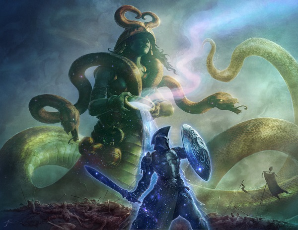 A woman with a snake's lower body looms over a field covered in fallen soldiers. She pours liquid down onto a standing soldier.