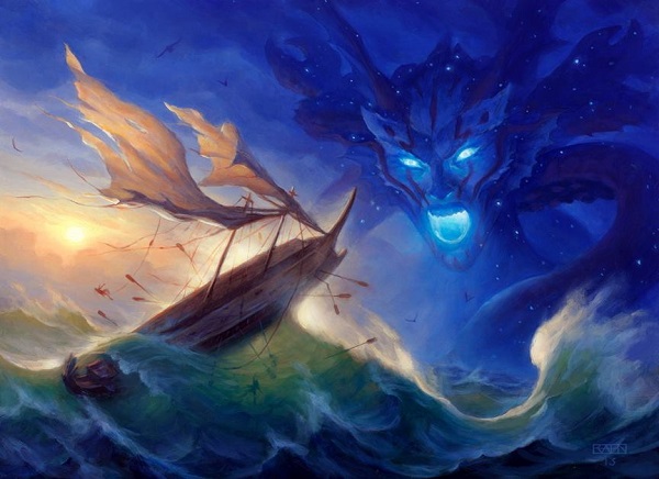 The face of an angry woman with fish-like features looms over a ship tossed in stormy waters.