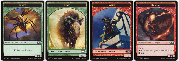 A collection of tokens displaying the visual difference between tokens with abilities and tokens without abilities.