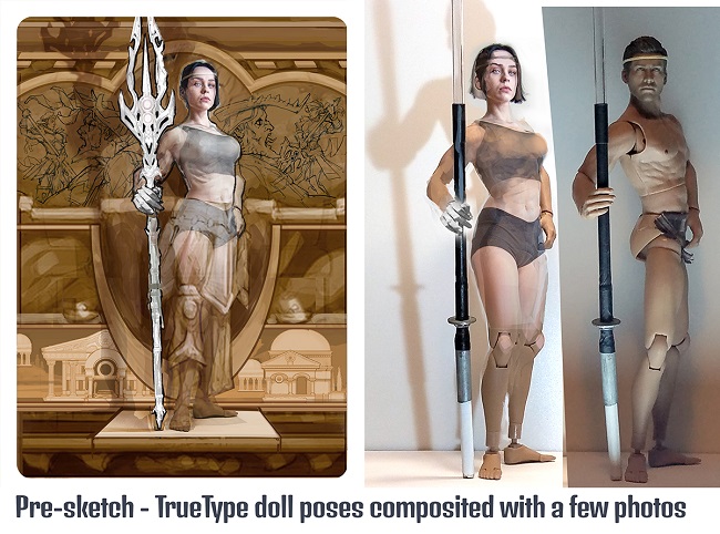 Images showing Chuck's pre-sketch process. Maquette poses interlayed with photos of real people for reference.