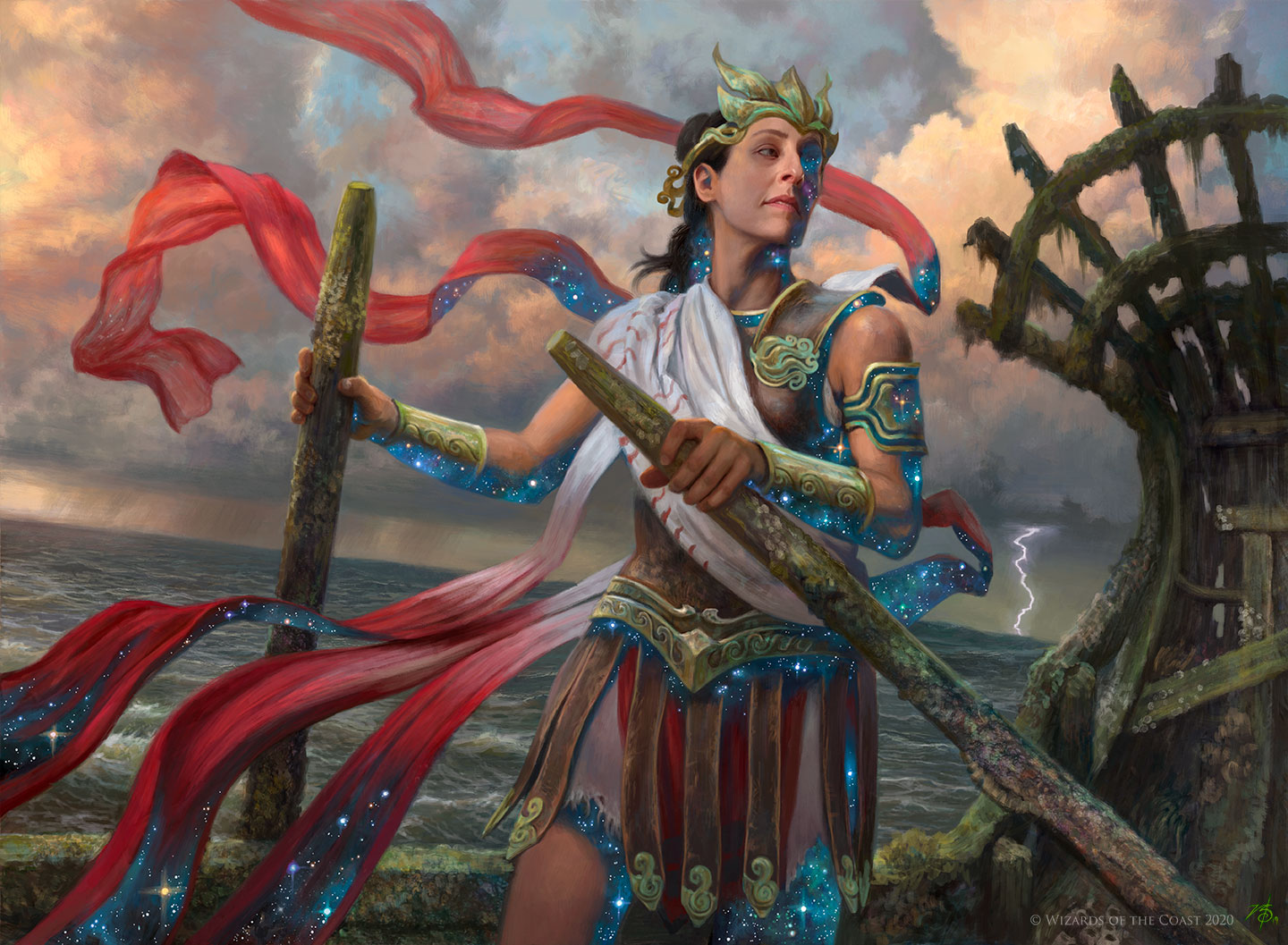 Art from the Magic card Callaphe, Beloved of the Sea. A woman with star patterns across her body stands astride a barnacle encrusted boat.