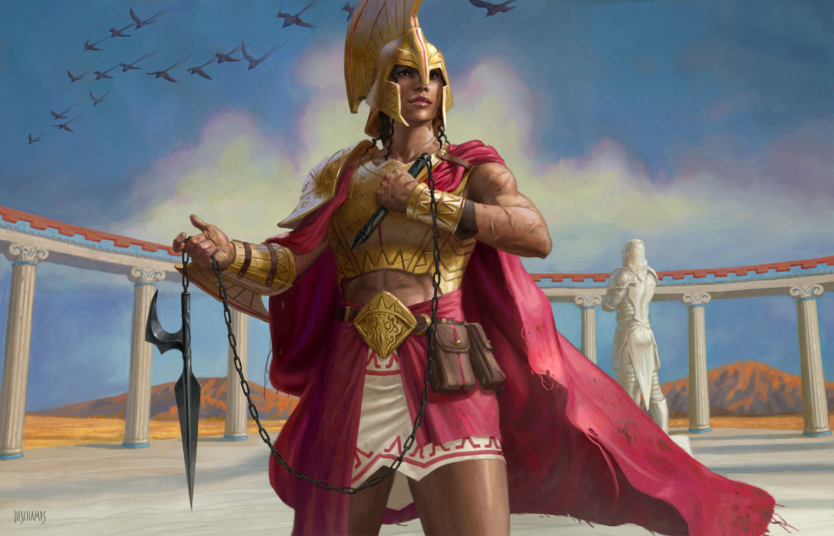 Art of the Magic cardTarnika, Akroan Veteran. A formidable-looking woman in gold, red, and white armor holds stands before the statue of Kytheon.